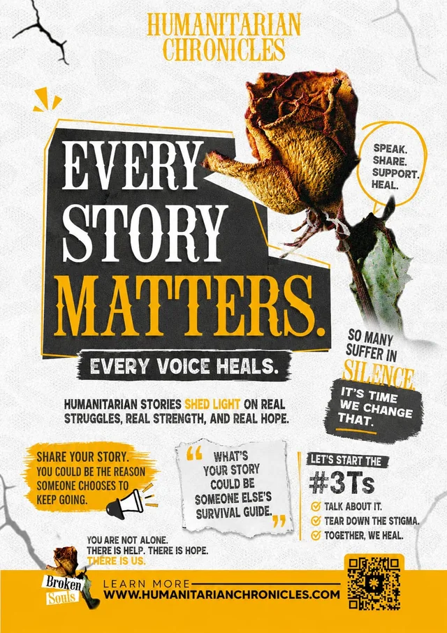 #3Ts campaign poster. Every story matters, every voice heals. Humanitarian stories shed light on real struggles, real strength and real hope.