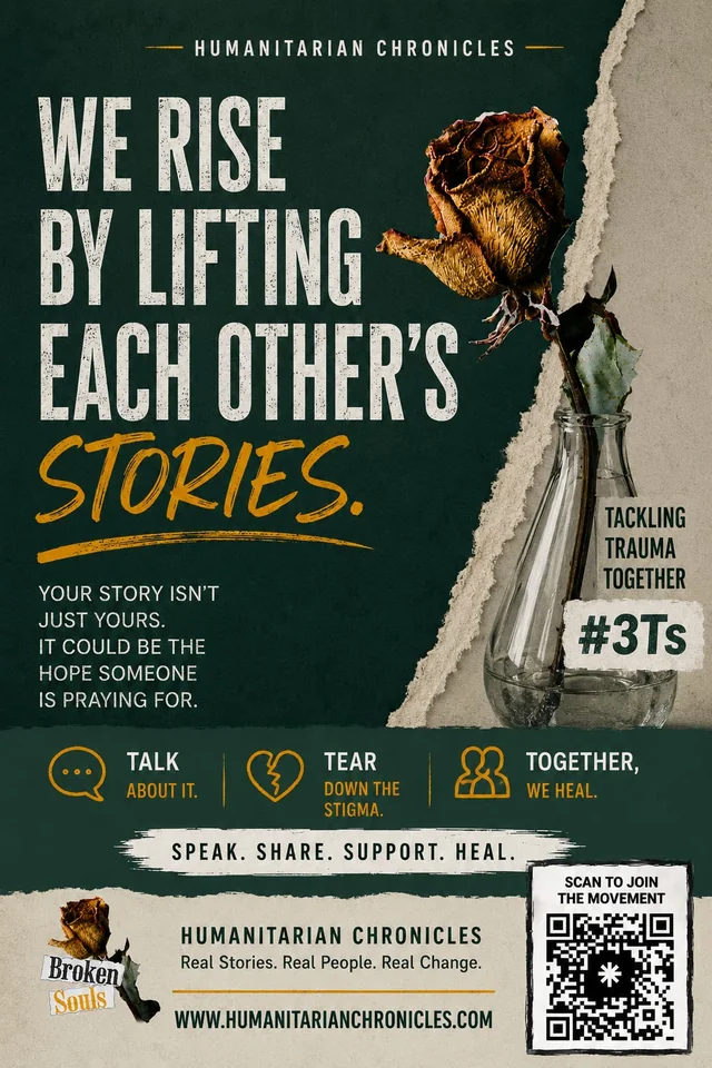 #3Ts campaign poster. We rise by lifting each other's stories. Your story isn't just yours, it could be the hope someone is praying for. Talk about it, tear down the stigma, together we heal.