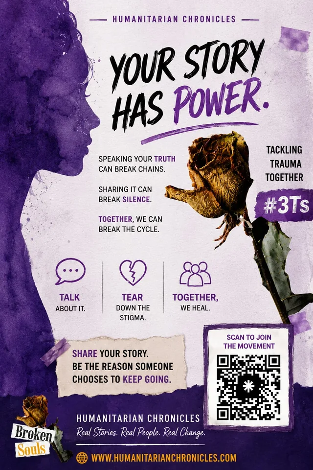 #3Ts campaign poster. Your story has power. Speaking your truth can break chains, sharing it can break silence, together we can break the cycle.